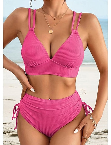 Swimwear Bikini Cheeky Swimsuit Backless Patchwork Color V Neck Sleeveless Bathing Suits