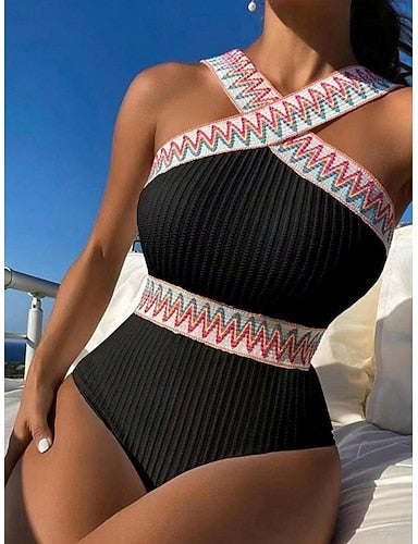 One Piece Swimsuit Slimming Cutout Monokini Tummy Control High Waist Slim Backless Vacation Beach Wear Color Block Halter Neck Sleeveless Bathing Suits