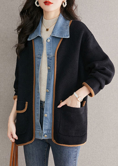 Manteau en laine noir unique à col Claudine, patchwork en jean, effet deux pièces, automne