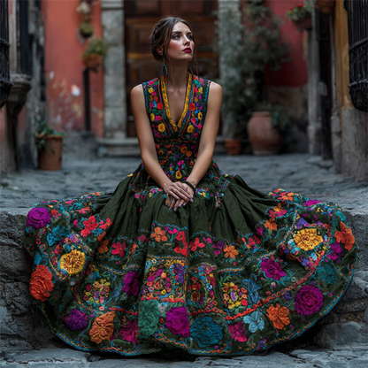 Comstylish Day Of The Dead Mexican Floral Embroidered Linen Maxi Dress
