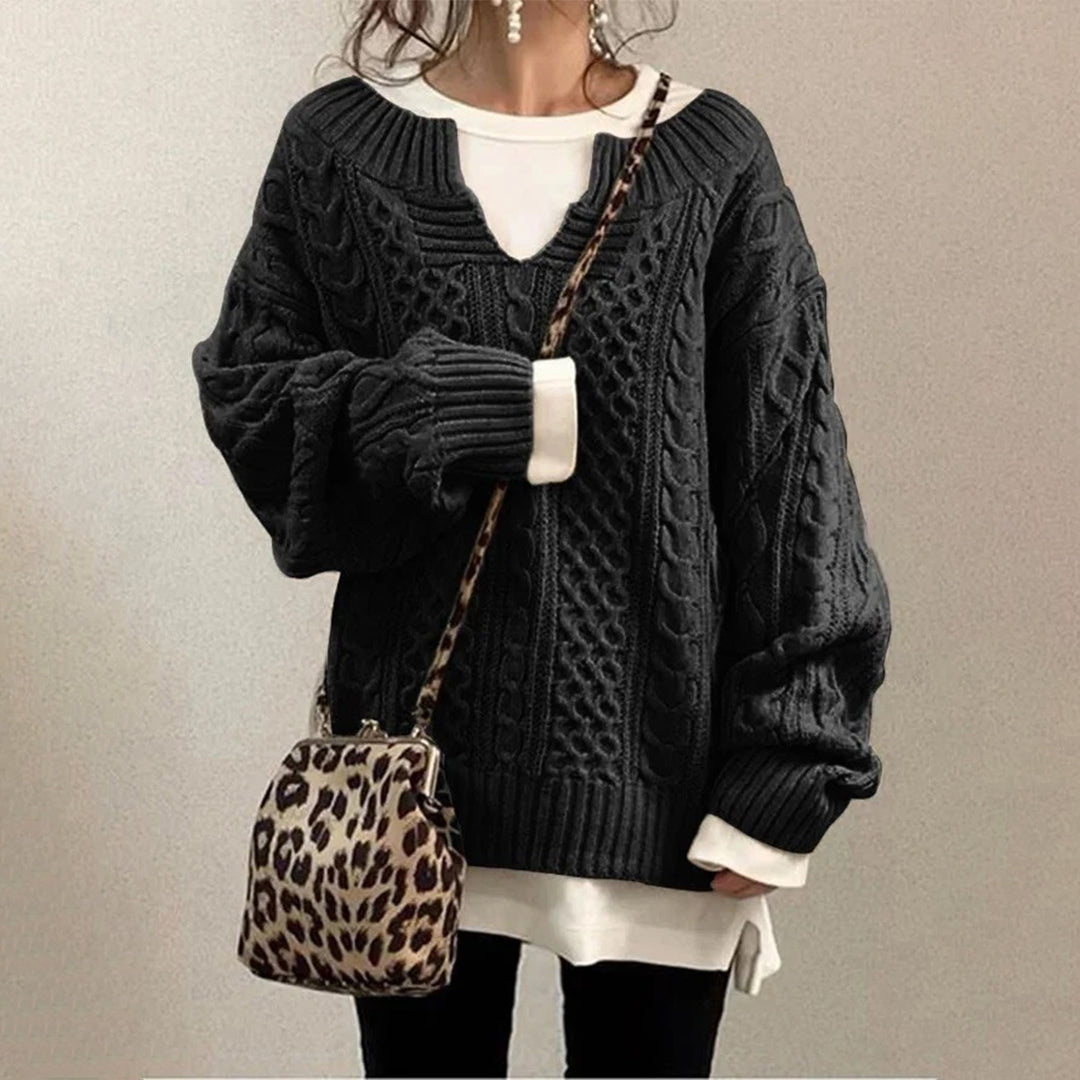 Pull torsadé en coton à encolure clé de cœur et panneaux de textures mixtes