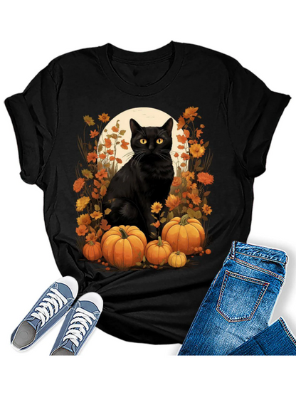 Womens Fall Black Cat Halloween Pumpkins T-Shirt artswardrobe