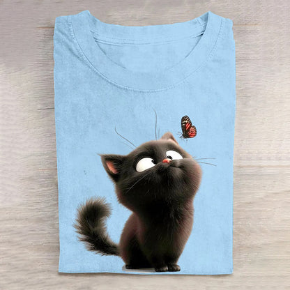 Comstylish Funny Cat Print Loose Crew Neck Casual T-Shirt