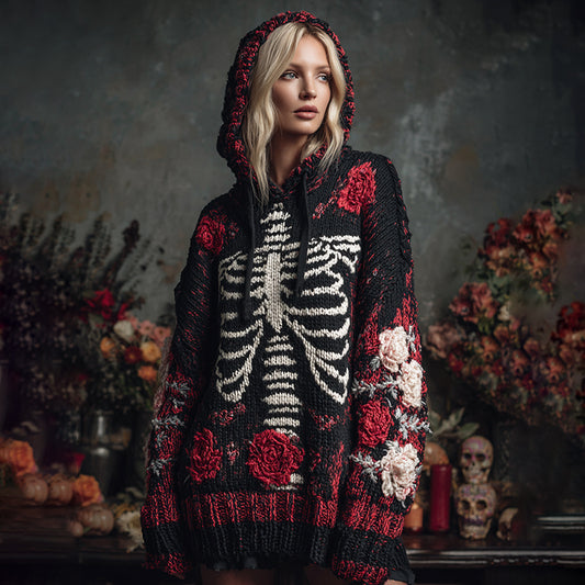 Comstylish Vintage Halloween Anatomy Floral Art Chunky Knitted Hooded Sweater
