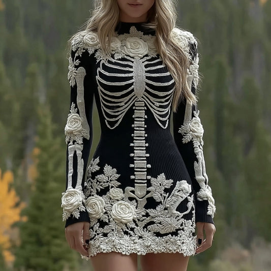 Comstylish Women's Vintage Halloween Skeleton Bones Rose Art Cozy Knit Mini Sweater Dress