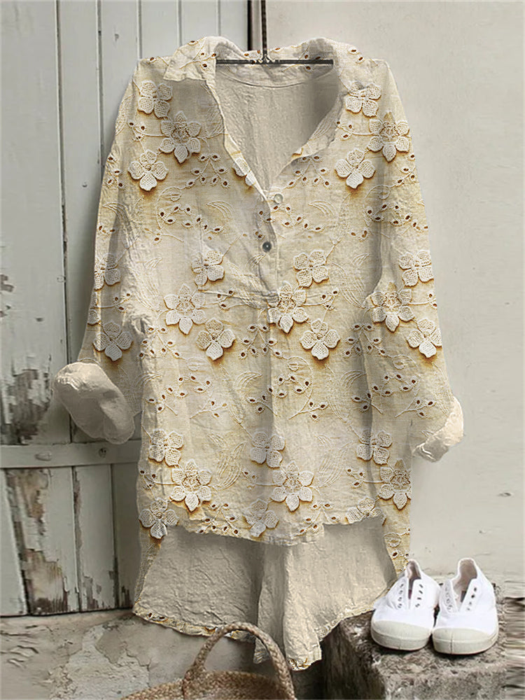 Comstylish 3D Floral Embroidered Lace Linen Blend Tunic