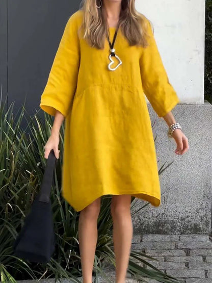 Comstylish Cute Solid Color Pockets Linen Blend Midi Dress