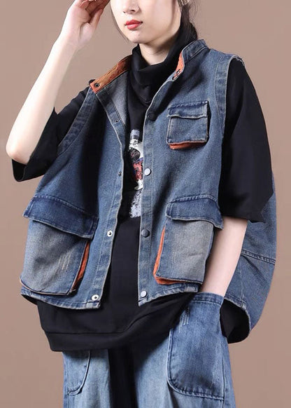 Gilet en jean bleu élégant à boutons, poches et patchwork, automne