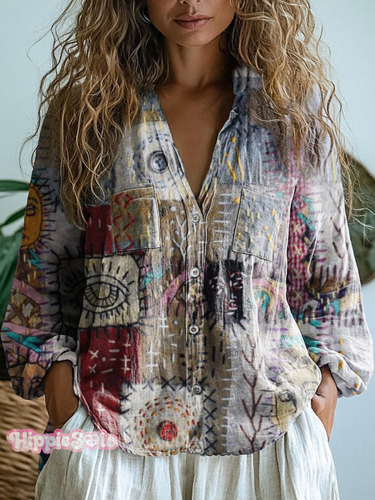 Women's Retro Hippie Patchwork Art Pattern Casual Long Sleeve Comforta