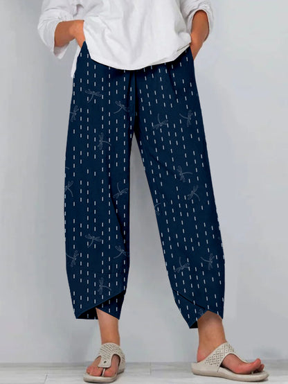 Comstylish Sashiko Dragonfly Japanese Art Cropped Casual Pants