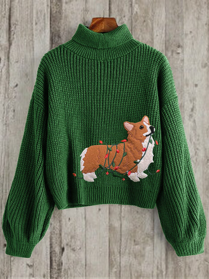 Comstylish Funny Christmas Corgi Dog Embroidered Cozy Turtleneck Sweater