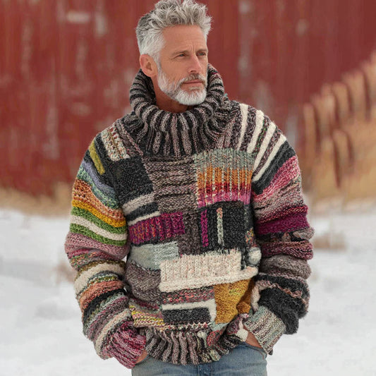 Men's Vintage Colorblock Patchwork Cozy Knit Jacquard Fairman Island Jacquard Thick Warm Turtleneck  Sweater elevenforest