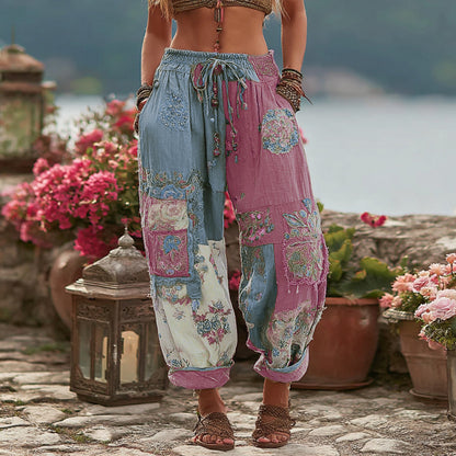 Women's Vintage Floral Embroidery Art Contrast Color Linen Blend Casual Pants artswardrobe