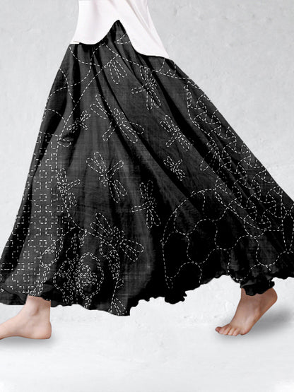 Comstylish Vintage Japanese Sashiko Linen Blend Flowy Wide Skirt