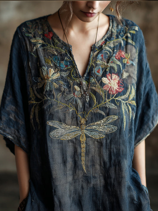 Vintage Cotton And Linen Tie-dye T-shirt With Dragonfly And Flower Pattern, V-neck, Short Sleeve artswardrobe