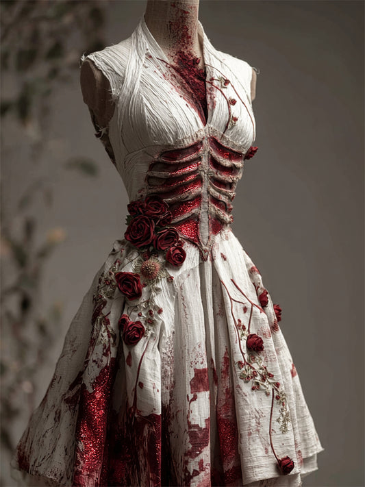 Comstylish Halloween Bloody Red Roses Glitter Rib Cage Linen Dress