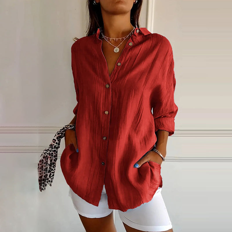 Comstylish Casual Single Breasted Pleated Lapel Solid Color Cotton Linen Shirt