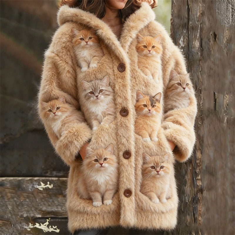 Cardigan en laine beige à motif de nombreux chats