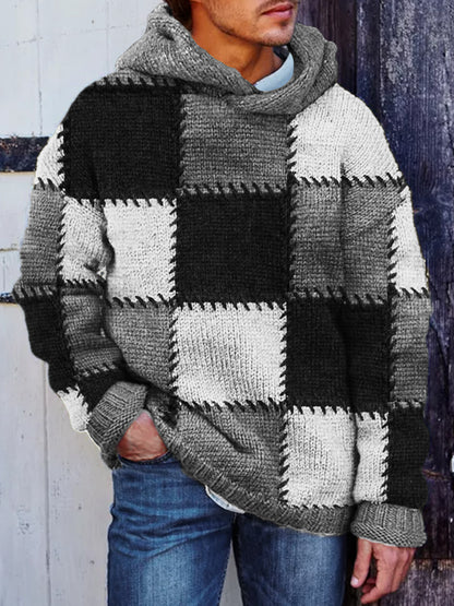 Men's Retro Colorblock Patchwork Stitched Cozy Hooded Sweater artswardrobe