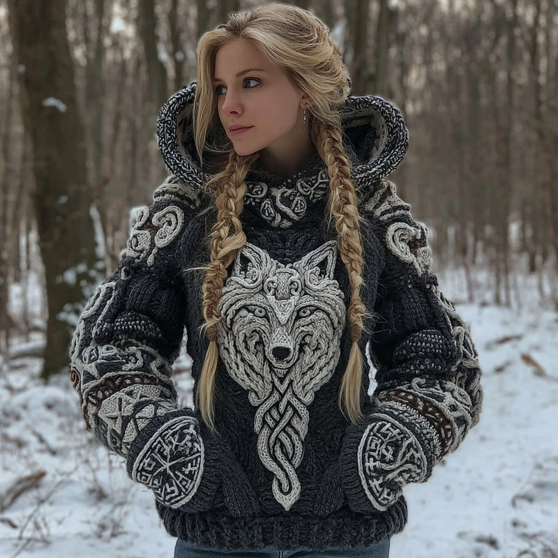 Cardigan à capuche mélange coton à motif de loup celtique