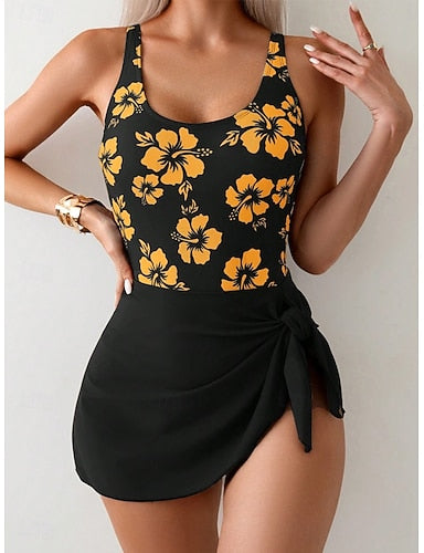 One Piece Swimsuit With Skirt Monokini High Cut Tummy Control High Waist Slim Backless Vacation Graphic U Neck Sleeveless Bathing Suits