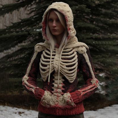 Comstylish Women's Vintage White Skeleton Gradient Art Cozy Hooded Sweater