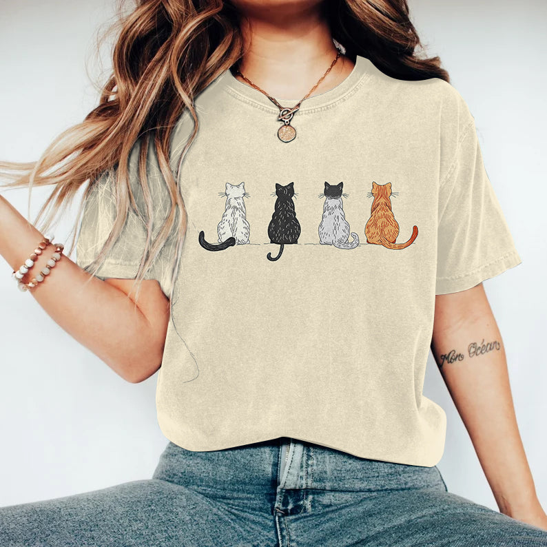 Vintage Cute Cats Embroidery Pattern Casual Cotton T-Shirt elevenforest
