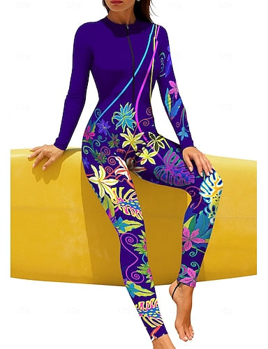 Regular Rash Guard Full Body Rash Guard Bathing Suit Tropical Color-blocking With Built in Bra Front Zip Uv Sun Protection Upf50+ Stretchy Full Body Swimwear Surfing Canoeing Beach