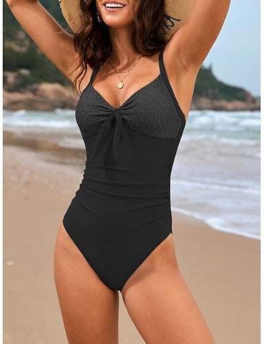 One Piece Swimsuit Slimming Ruched Monokini Lace Tummy Control High Waist Slim Backless Vacation Beach Wear Color V Neck Sleeveless Bathing Suits