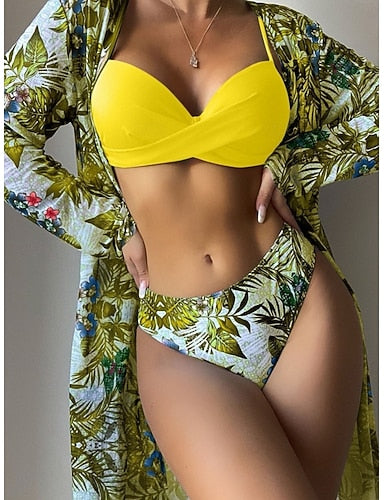 Swimwear Bikini Three Piece High Waist Swimsuit Slim Backless Vacation Beach Wear Tropical V Neck Sleeveless Long Sleeve Bathing Suits