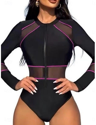One Piece Swimsuit Zip Front Monokini Tummy Control High Waist Slim Vacation Beach Wear Color High Neck Long Sleeve Bathing Suits