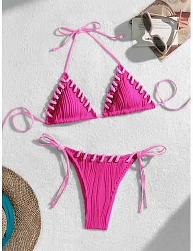 Swimwear Bikini 2 Piece Thong Swimsuit Slim Backless Vacation Beach Wear Color Halter Neck Sleeveless Bathing Suits