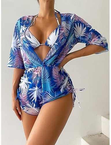 Bikini 3 Piece Swimsuit Palm Cheeky Slim Backless Vacation Beach Wear Color Block V Neck Sleeveless Long Sleeve Bathing Suits