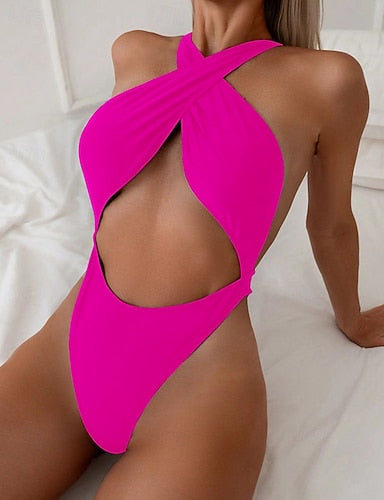 Swimwear One Piece Bikini Shorts Swimsuit Backless Vacation Beach Wear Color Round Neck Sleeveless Bathing Suits