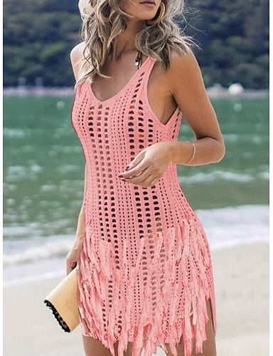Cover Up Swimsuit Dress Cut Out Vacation Beach Wear Color U Neck Sleeveless Bathing Suits