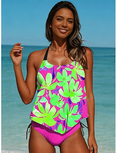 Swimwear Tankini 2 Piece Briefs Swimsuit Backless Vacation Beach Wear Graphic Halter Neck Sleeveless Bathing Suits