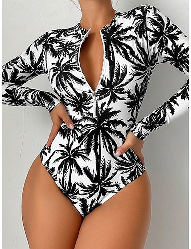 Swimwear One Piece Monokini Rash Guard Swimsuit Zipper Tummy Control High Waist Slim Zip Front Vacation Beach Wear Graphic High Neck Long Sleeve Bathing Suits
