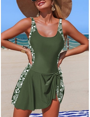 Swimwear One Piece Swim Dress Swimsuit Tummy Control High Waist Slim Backless Vacation Beach Wear Leopard Stripe Scoop Neck Sleeveless Bathing Suits