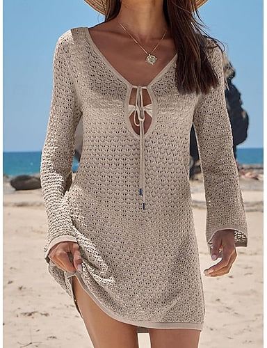Swimwear Cover Up Swim Dress Dress Swimsuit Cutout Vacation Beach Wear Plain V Neck Long Sleeve Bathing Suits