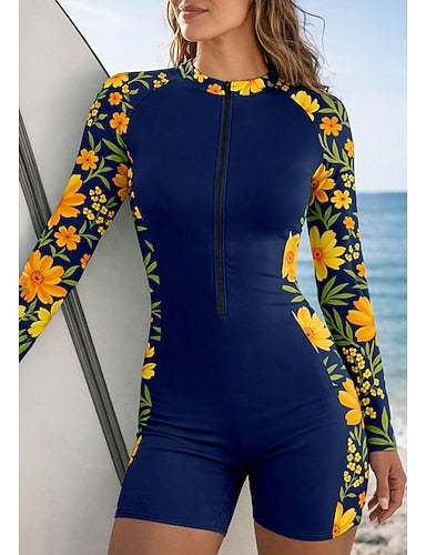 Rash Guard Bathing Suit Athletic Swimwear Tropical Zip Up Removable Pad Front Zip Uv Sun Protection Upf50+ Ultra Light (ul) Long Sleeve Swimwear Sun Shirt Surfing Beach Water Sports