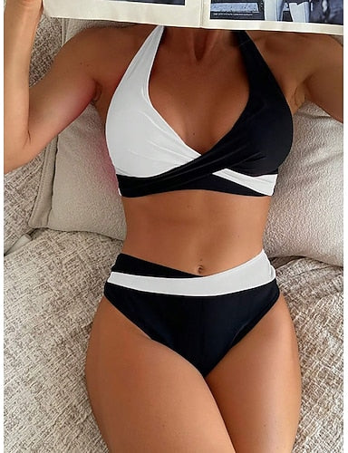 Swimwear Bikini 2 Piece High Waist Swimsuit Ruched Backless Vacation Beach Wear Leopard Color Block Halter Neck Sleeveless Bathing Suits