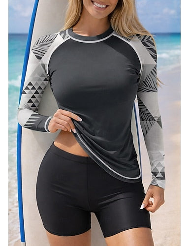 Rash Guard Swimsuit Rash Guard Tankini Swimsuits Geometric Color-blocking 2 Piece Removable Pad Boyleg Uv Sun Protection Upf50+ Uv Protection Long Sleeve Swimwear Sun Shirt Surfing Canoeing