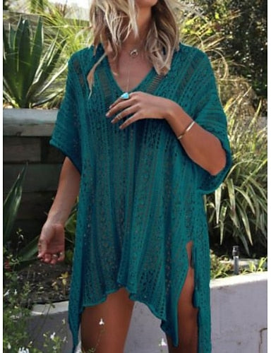 Swimwear Cover Up Swim Dress Swimsuit Cut Out Vacation Beach Wear Color V Neck Short Sleeves Bathing Suits