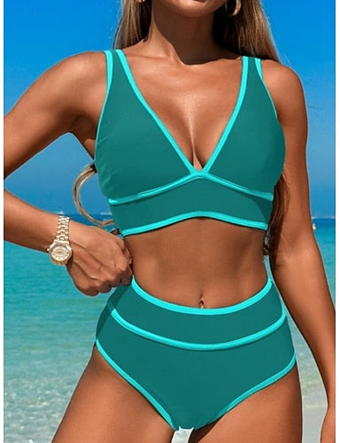 Bikini 2 Piece Swimsuit Colorblock Cheeky Tummy Control High Waist Slim Backless Vacation Beach Wear Stripe V Neck Sleeveless Bathing Suits