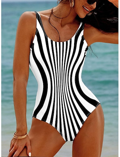One Piece Swimsuit Slimming Colorblock Tummy Control Bathing Suits Geometric Vertical Stripe Print Scoop Neck Sleeveless Sporty S Black White Summer Beach Poolside