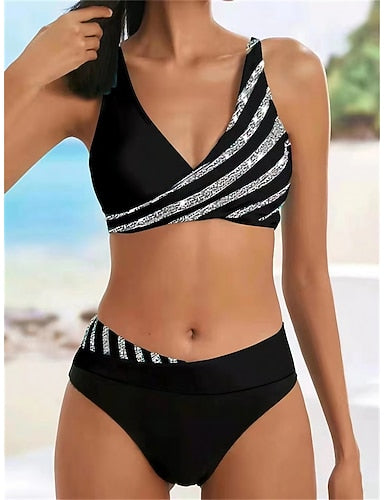 Normal Swimwear Bikini 2 Piece Cheeky Swimsuit Backless 2 Piece Push Up Printing Vacation Stylish Ombre Leaf V Wire Sleeveless Bathing Suits