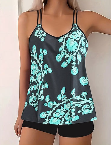 Swimwear 2 Piece Shorts Swimsuit Backless Vacation Beach Wear Graphic Color Block V Neck Sleeveless Bathing Suits