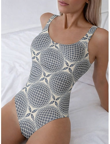 Swimwear One Piece Briefs Swimsuit Beach Wear Summer Graphic Geometic Scoop Neck Sleeveless Bathing Suits