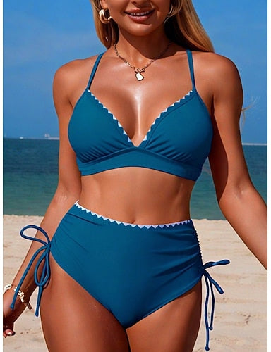 Swimwear Bikini 2 Piece High Waist Swimsuit Slim Backless Vacation Beach Wear Color V Neck Sleeveless Bathing Suits