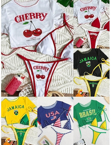 Swimwear Bikini Three Piece Thong Swimsuit Slim Backless Vacation Beach Wear Letter Round Neck Sleeveless Short Sleeves Bathing Suits